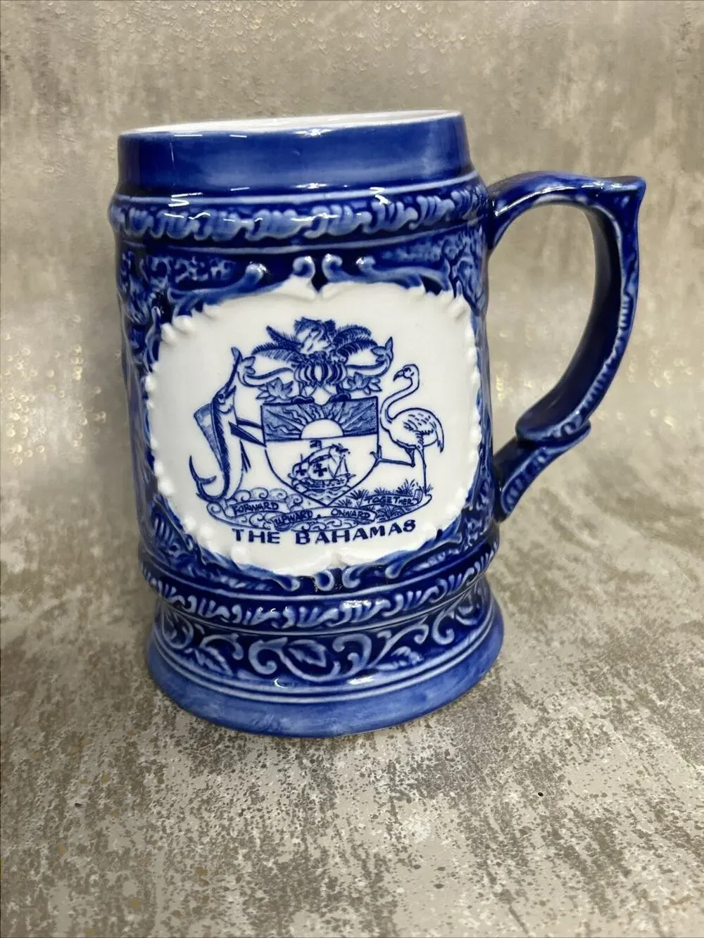 Vintage Blue Ceramic Mug Stein Bahama Islands Bahamas Rare Relief Art Sailing